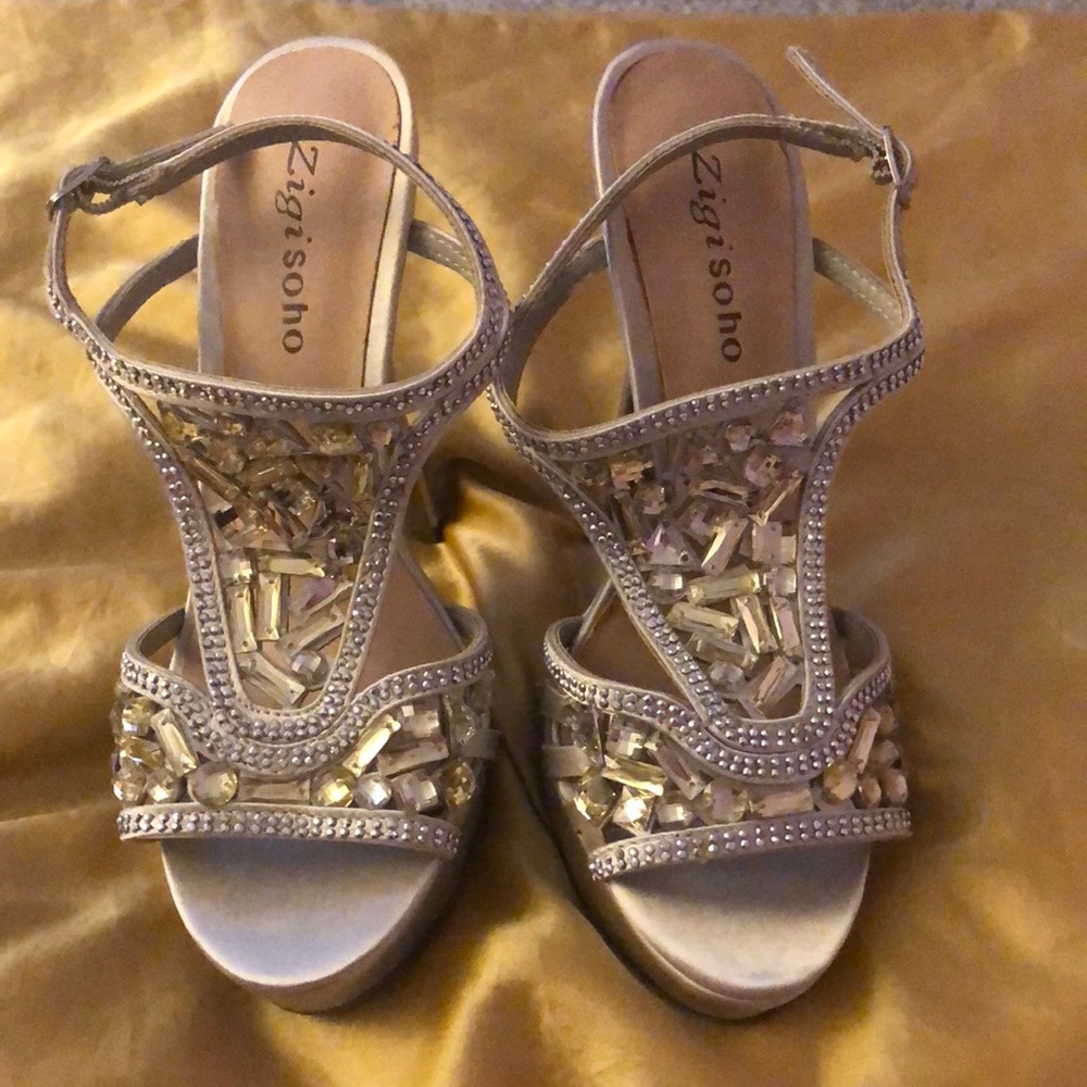 Silver satin jeweled heels